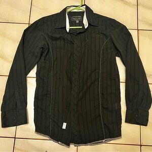 Untouchable large Black dress shirt with sheer stripes and embroidery.